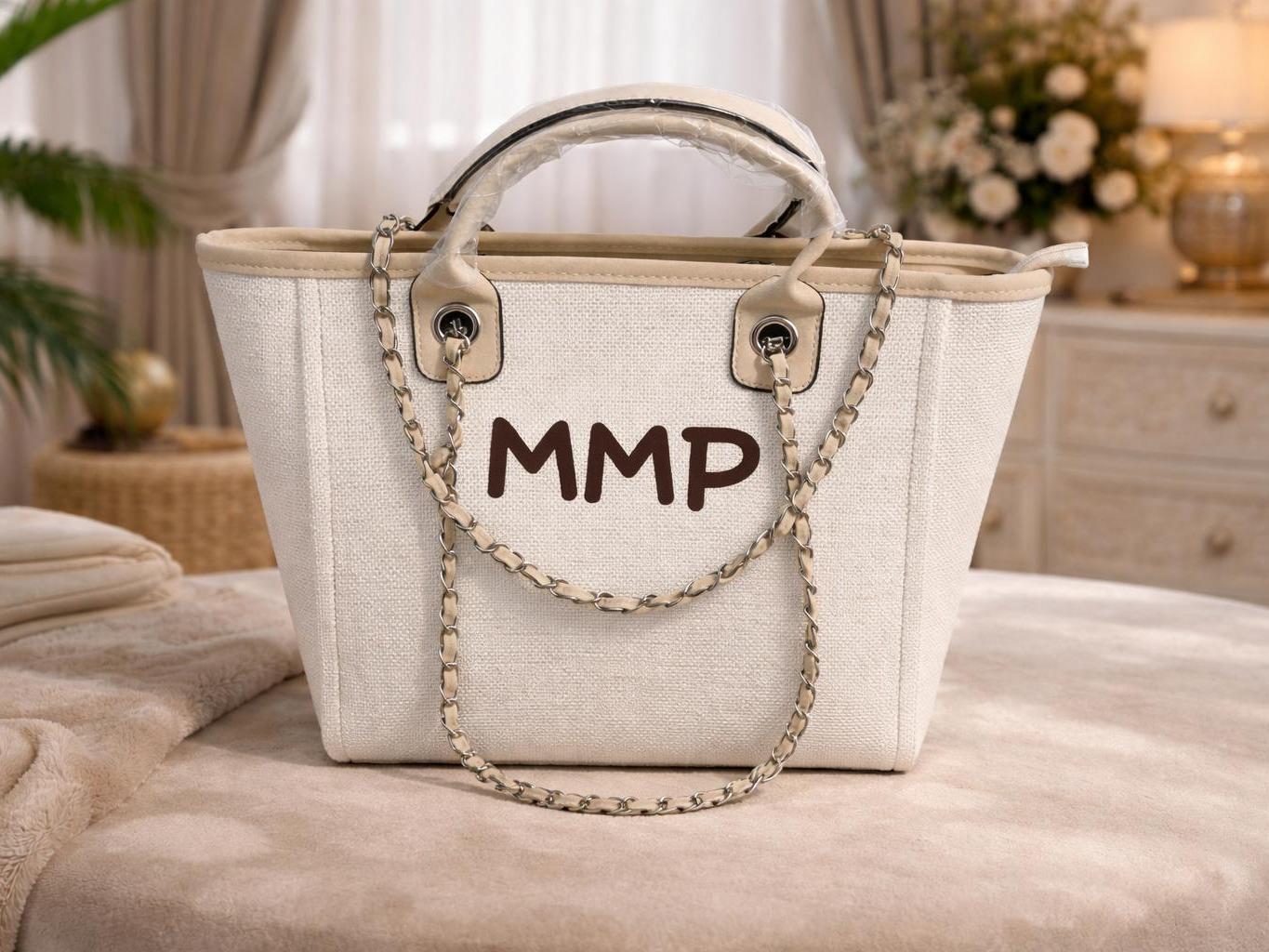 Women's Canvas Tote Handbag with Chain Handle – Elegant Shoulder Bag