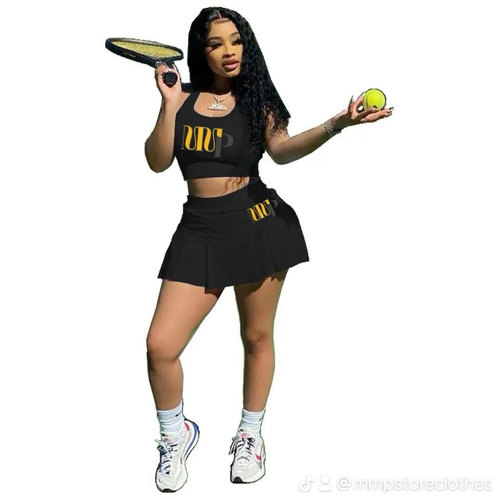 Women's 2-Piece Tennis Outfit - Sporty & Stylish Set Top + Skirt for Enhanced Performance and Fashionable Look Black Color