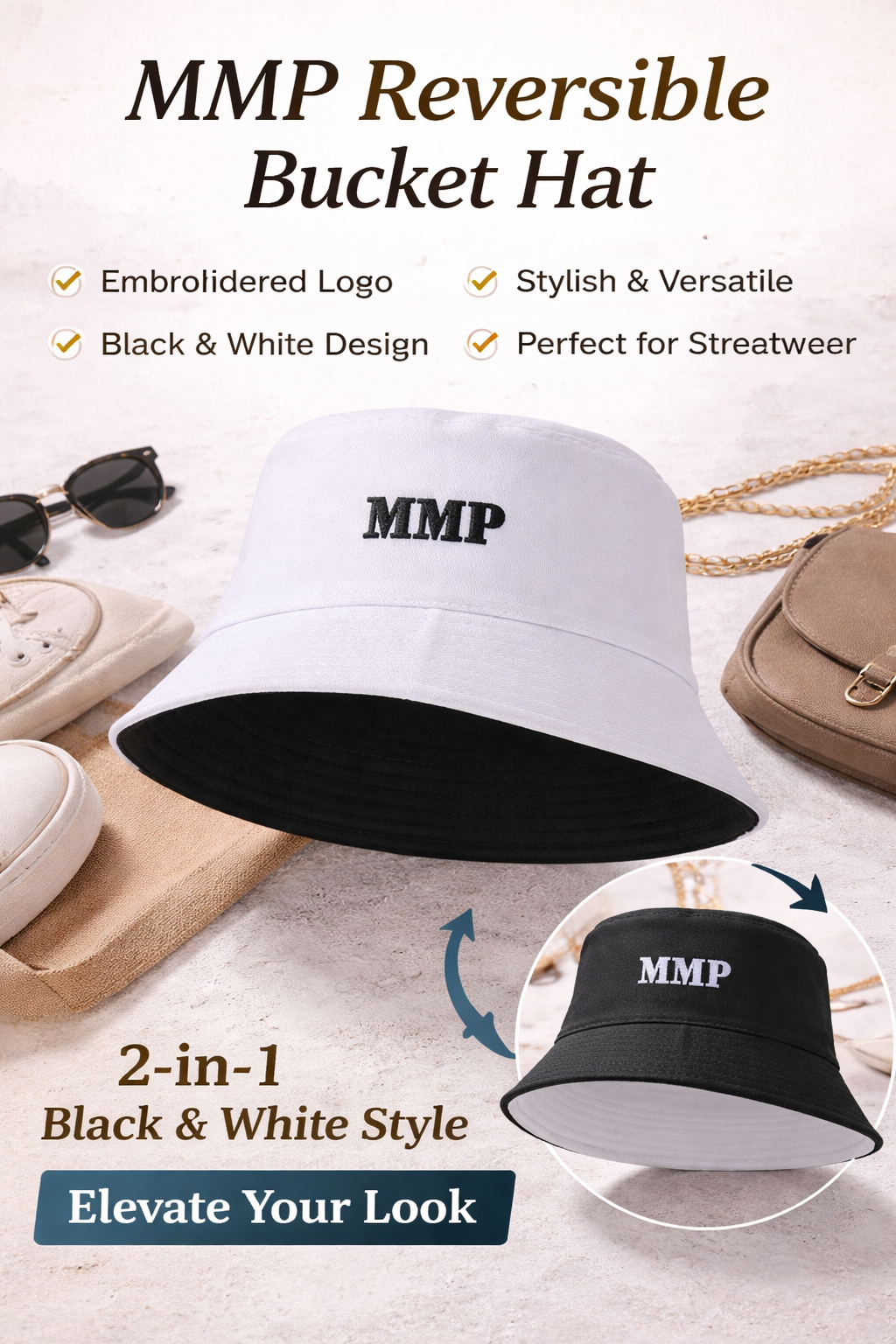 MMP Embroidered Reversible Bucket Hat – Black & White Casual Streetwear Hat