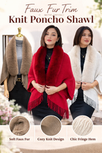 Women’s Faux Fur Trim Knit Poncho Shawl with Fringe