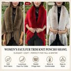 Women’s Faux Fur Trim Knit Poncho Shawl with Fringe