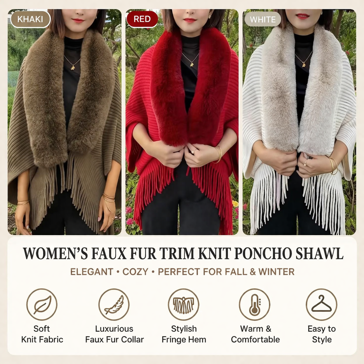 Women’s Faux Fur Trim Knit Poncho Shawl with Fringe