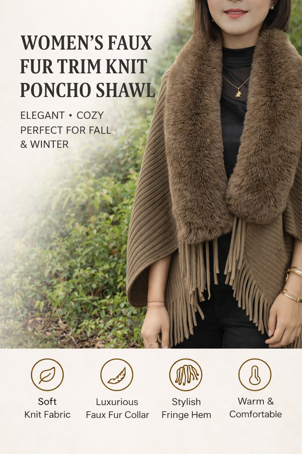 Women’s Faux Fur Trim Knit Poncho Shawl with Fringe