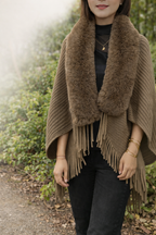Women’s Faux Fur Trim Knit Poncho Shawl with Fringe