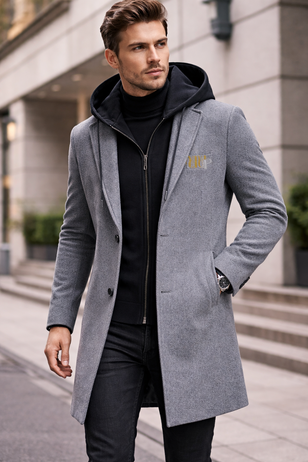 Men’s Long Hooded Wool Blend Coat with Removable Inner Zip Hoodie