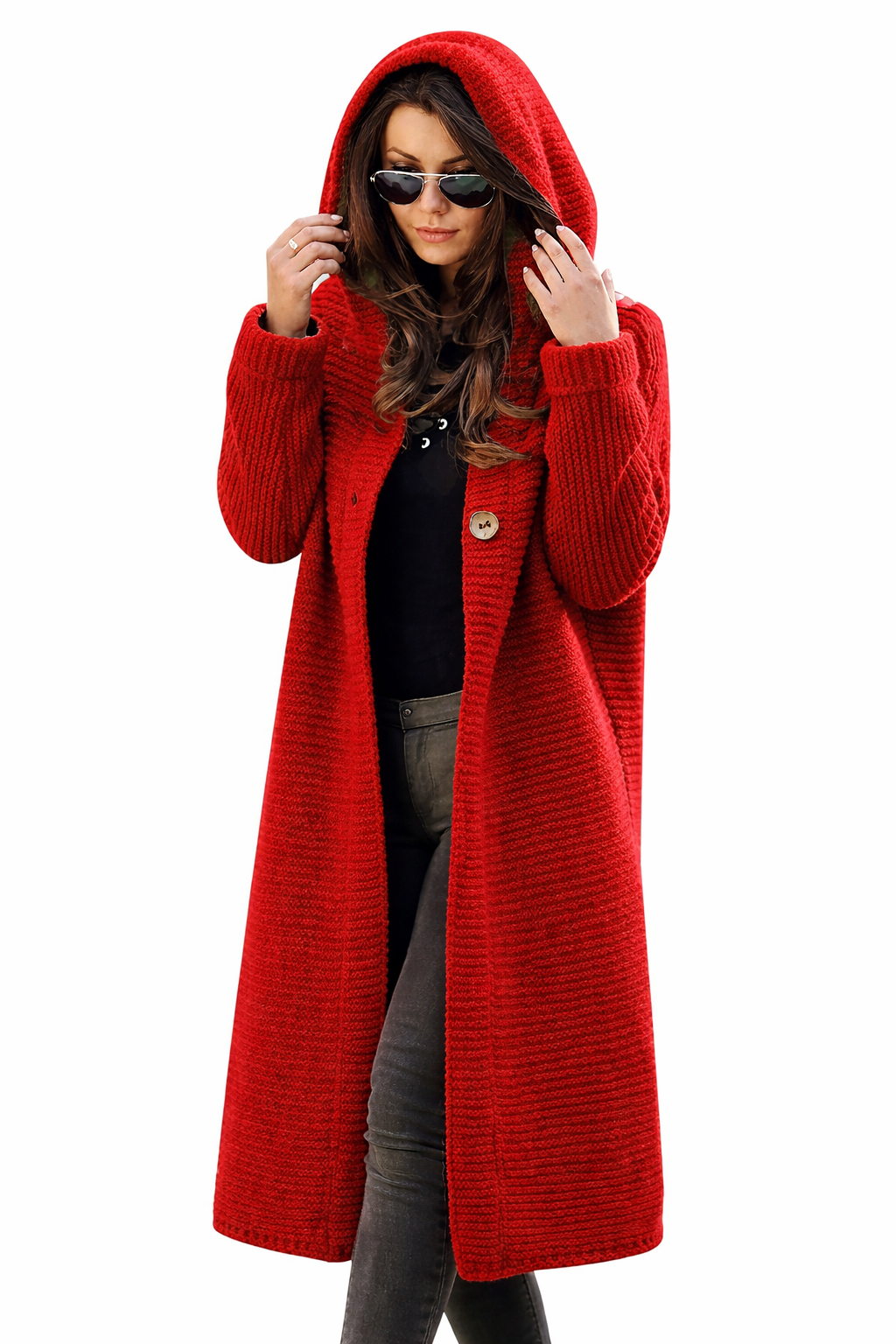 Women’s Long Knitted Cardigan Coat with Hood – Casual Winter Sweater