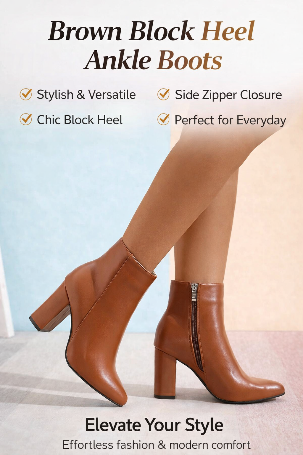 Women’s Brown Ankle Boots with Block Heel and Side Zipper