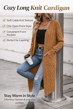 Women’s Long Cable Knit Open Front Cardigan with Pockets