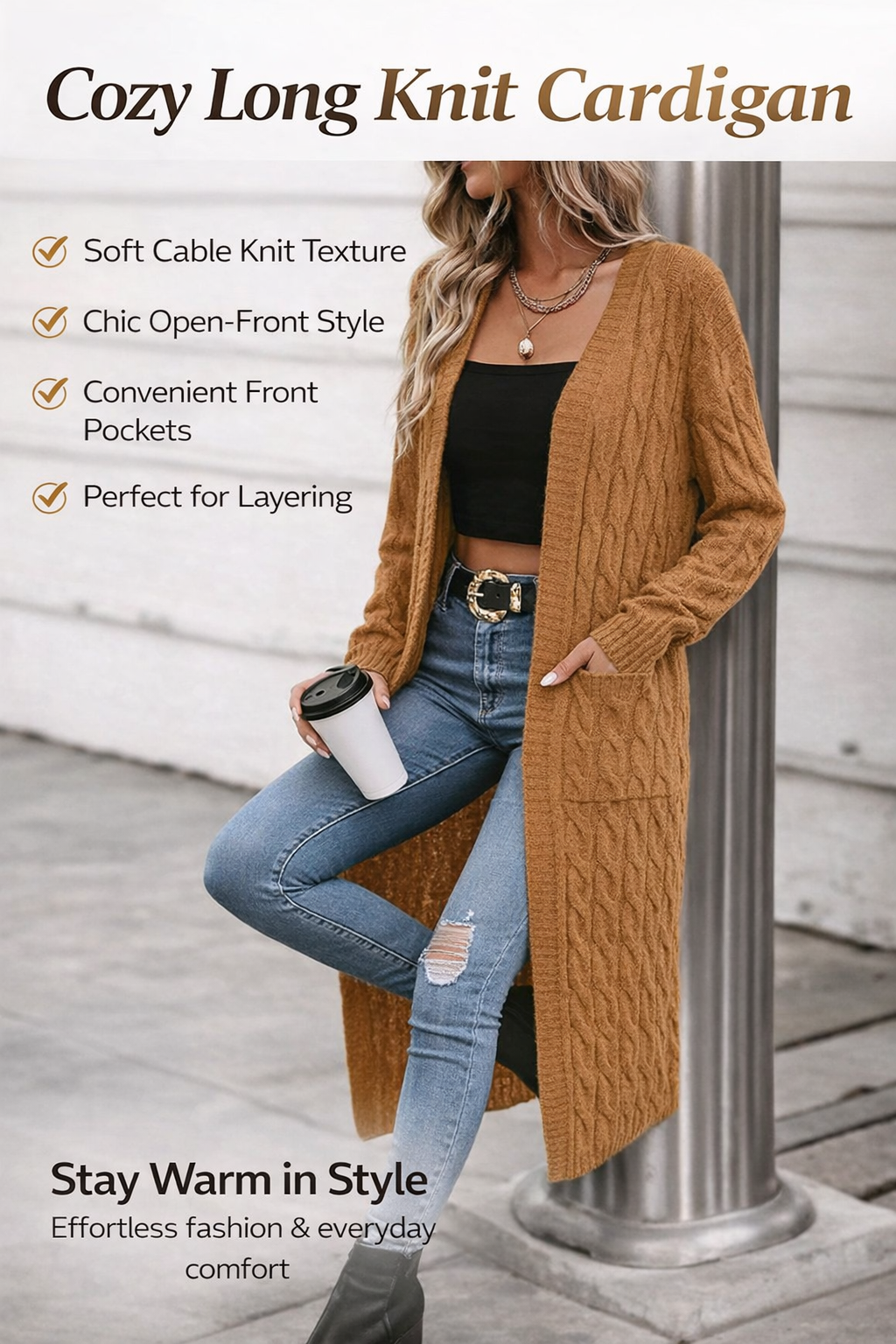 Women’s Long Cable Knit Open Front Cardigan with Pockets