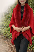 Women’s Faux Fur Trim Knit Poncho Shawl with Fringe