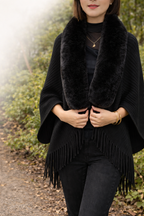 Women’s Faux Fur Trim Knit Poncho Shawl with Fringe
