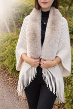 Women’s Faux Fur Trim Knit Poncho Shawl with Fringe