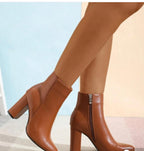 Women’s Brown Ankle Boots with Block Heel and Side Zipper