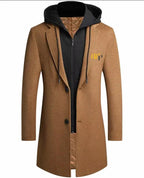 Men’s Long Hooded Wool Blend Coat with Removable Inner Zip Hoodie