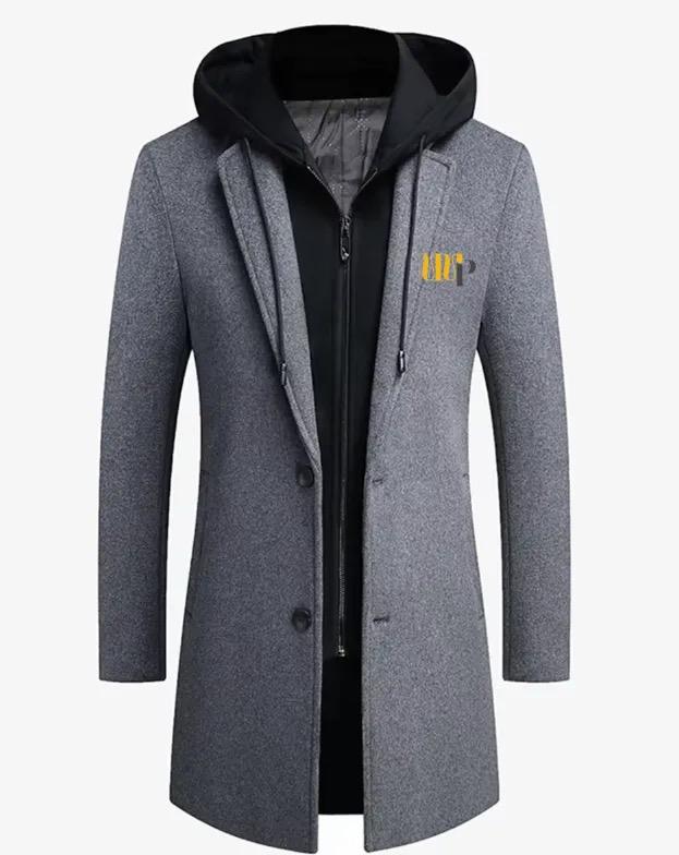 Men’s Long Hooded Wool Blend Coat with Removable Inner Zip Hoodie