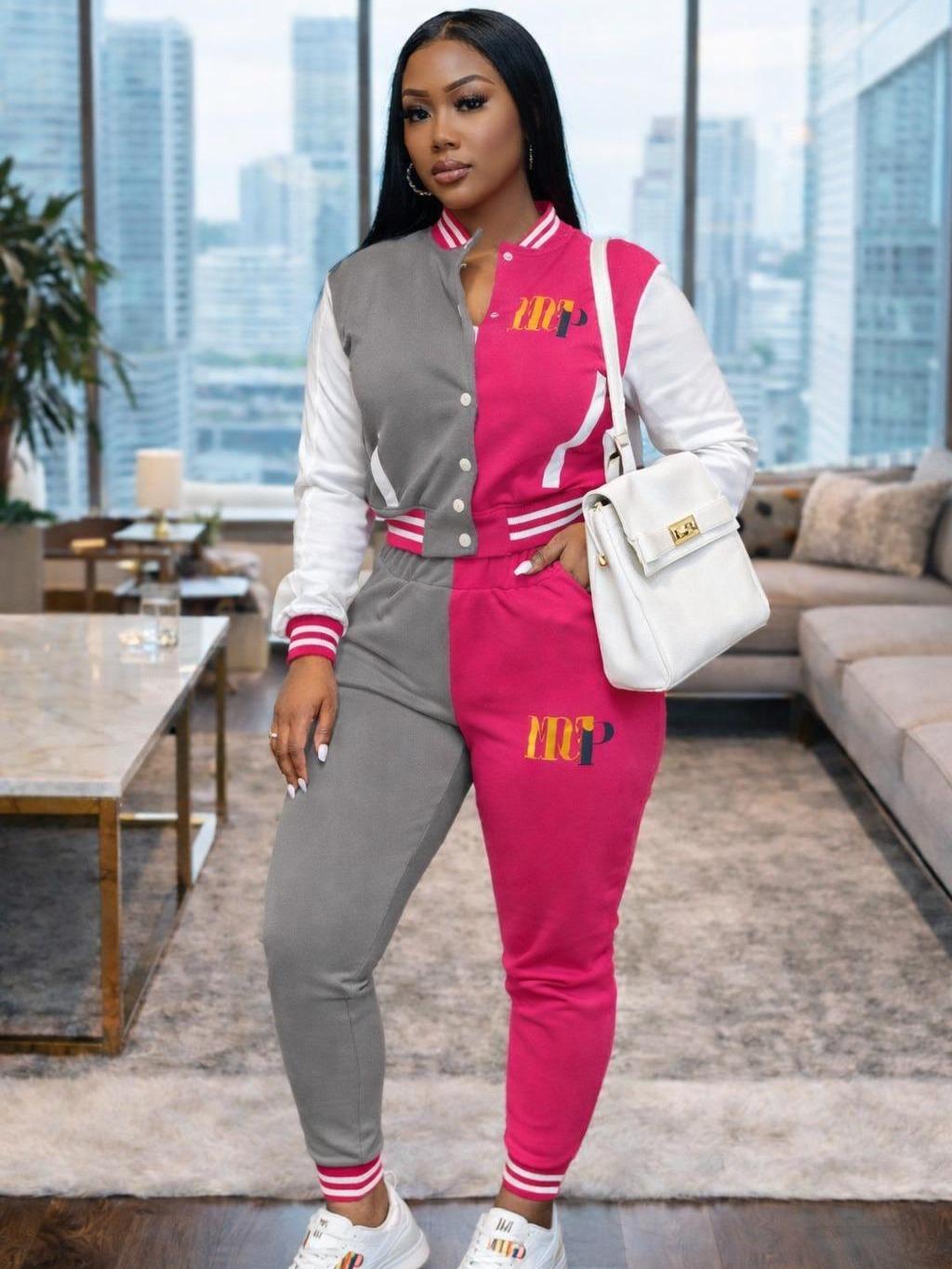 Women's 2 Piece Tracksuit Set – Color Block Jacket and Jogger Pants Outfit