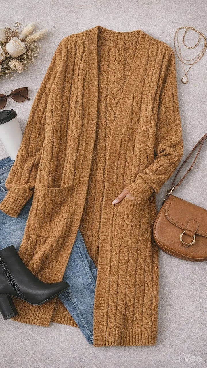 Women’s Long Cable Knit Open Front Cardigan with Pockets