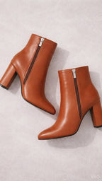 Women’s Brown Ankle Boots with Block Heel and Side Zipper